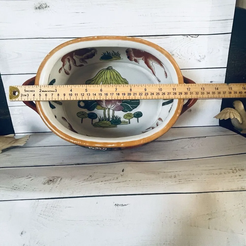 Vintage Oval Handled Imari Style Jardiniere Decorative Interior Fish & Lotus 13”